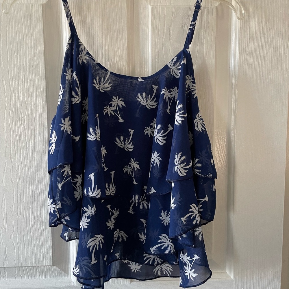 Cute flowy blue crop with cream palm trees